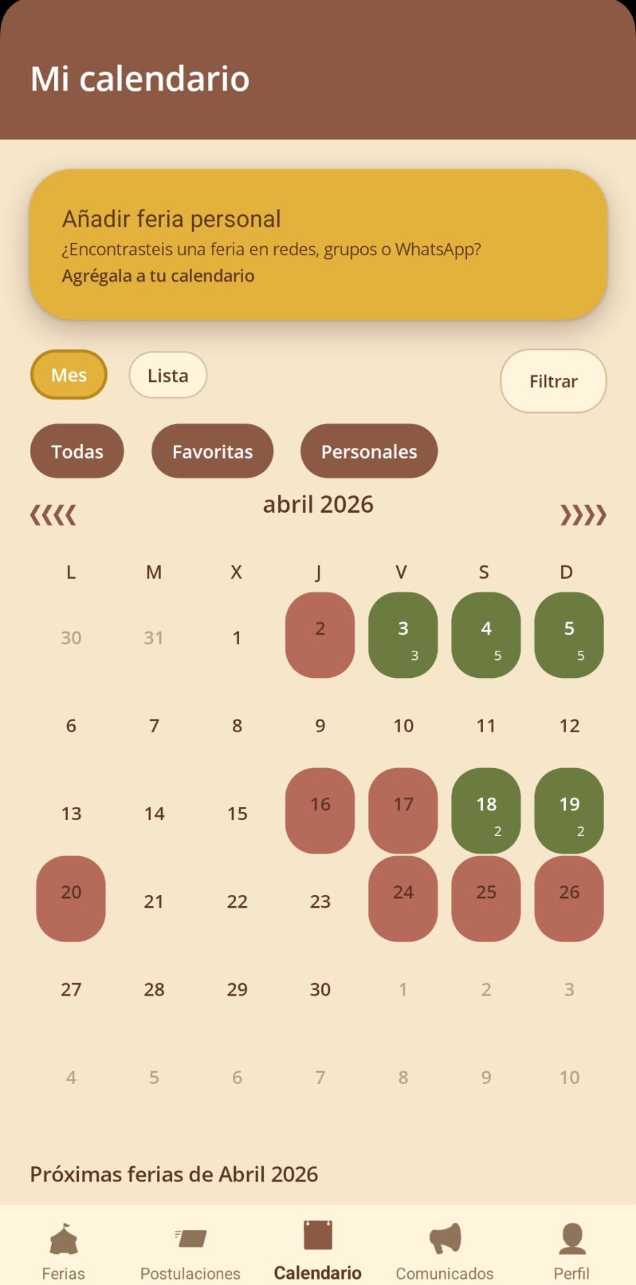 Pantalla de calendario de ferias en NexoFerias