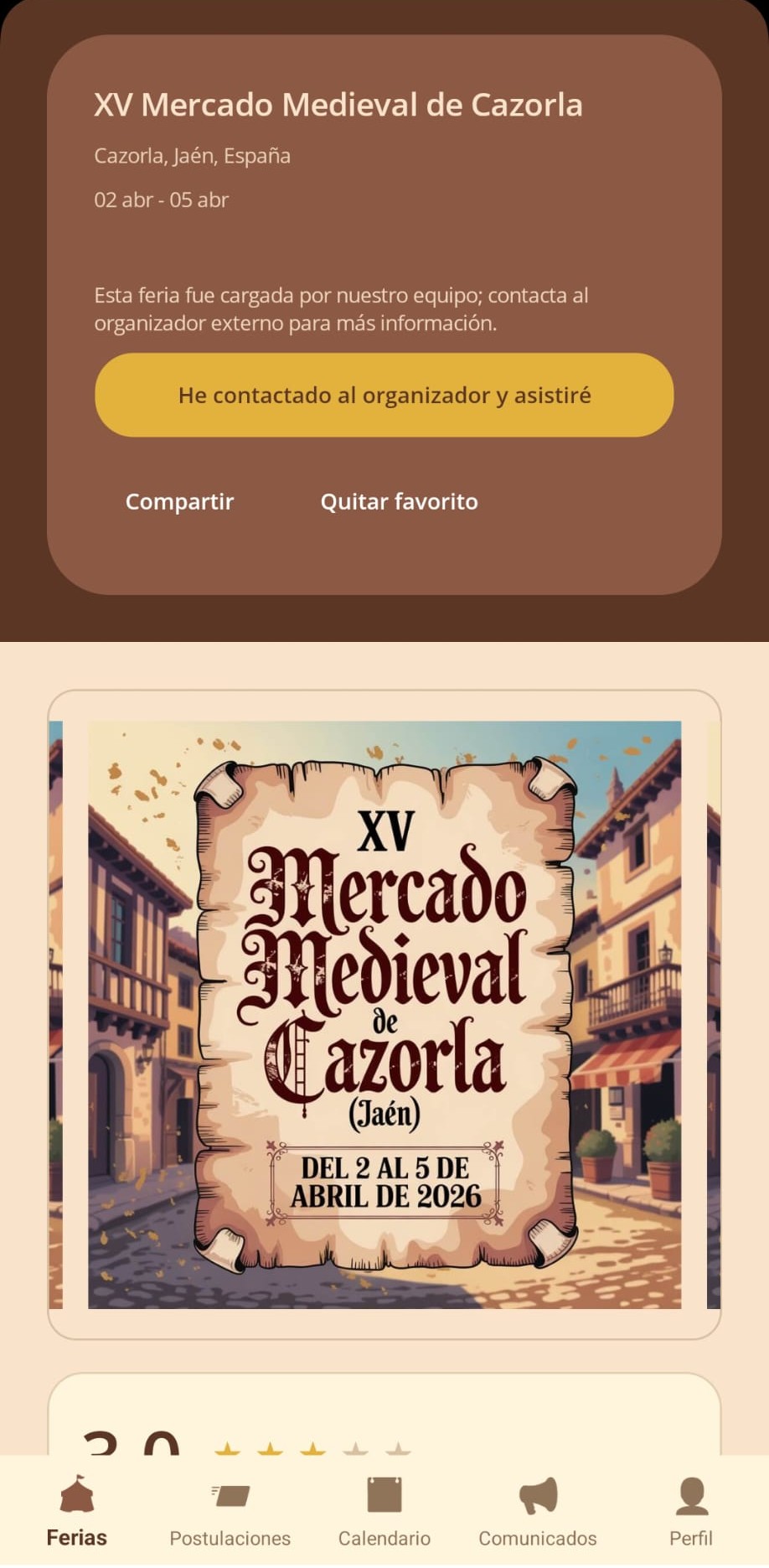 Pantalla de detalle de feria en NexoFerias