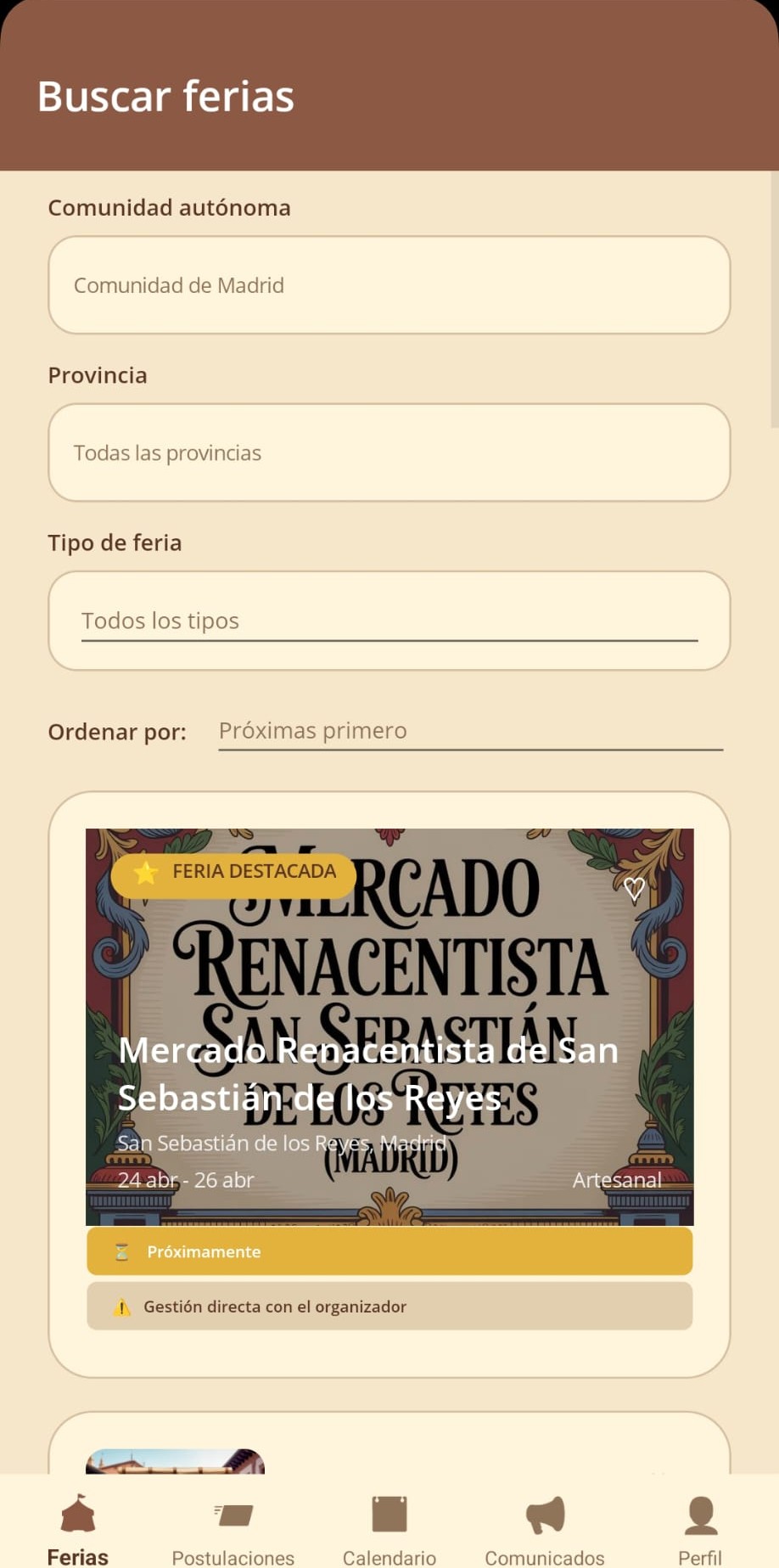 Pantalla de búsqueda de ferias en NexoFerias