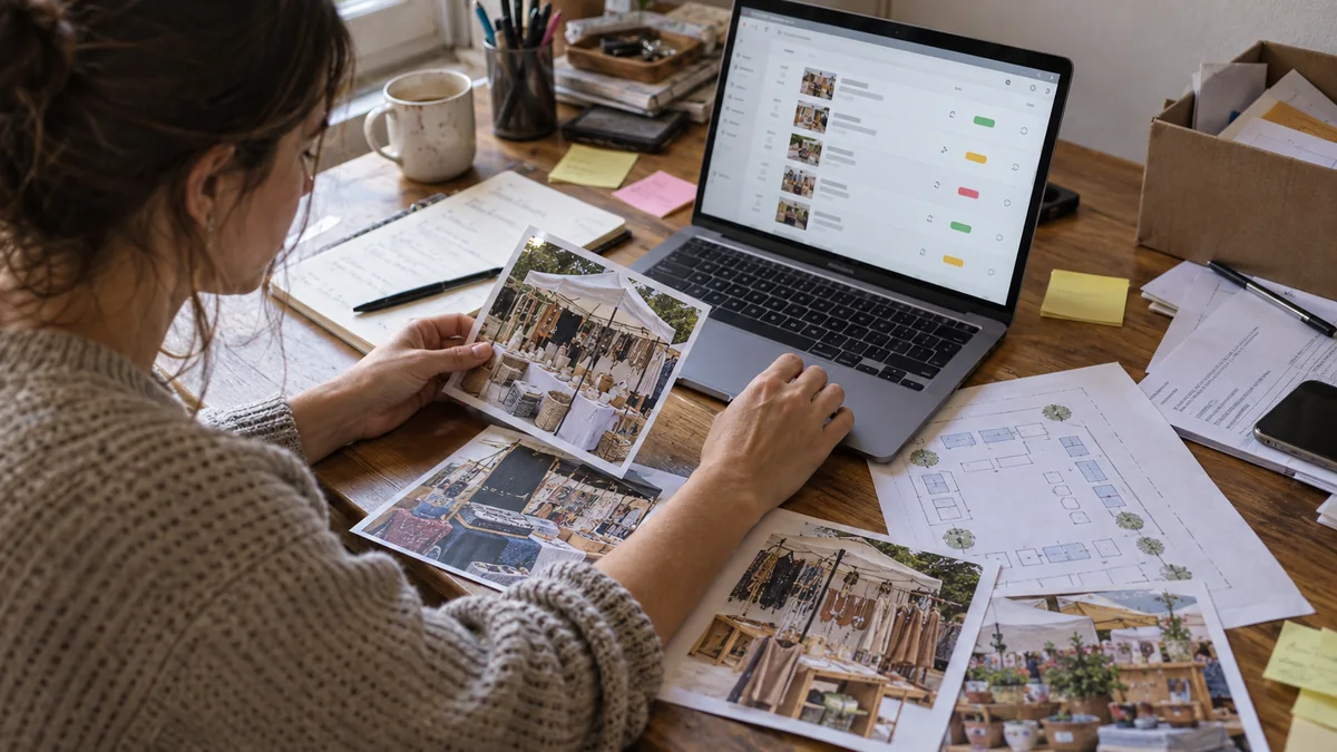 Organizadora compara la fotografía de un puesto con varias candidaturas abiertas en un portátil