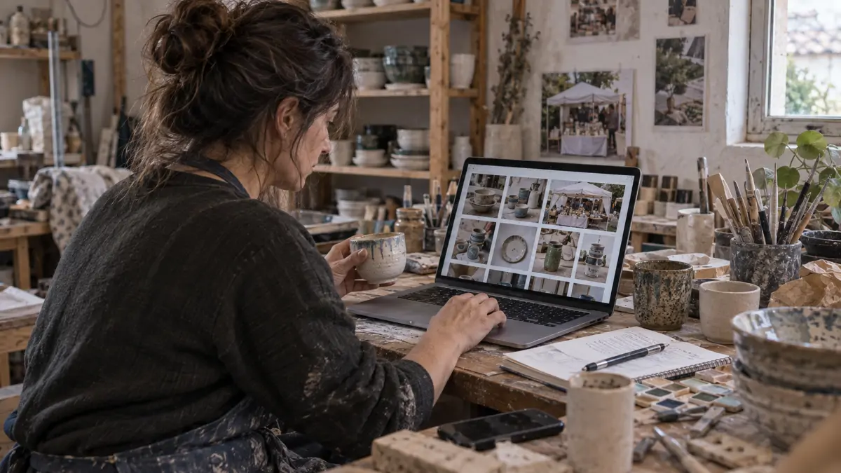 Expositora selecciona fotografías de sus productos y de su puesto para preparar un dosier de feria