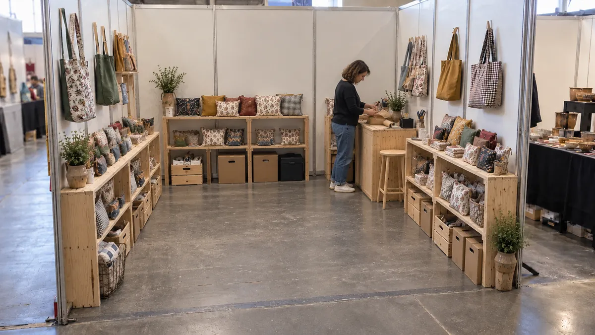 Puesto textil abierto con producto en los laterales y un recorrido central despejado