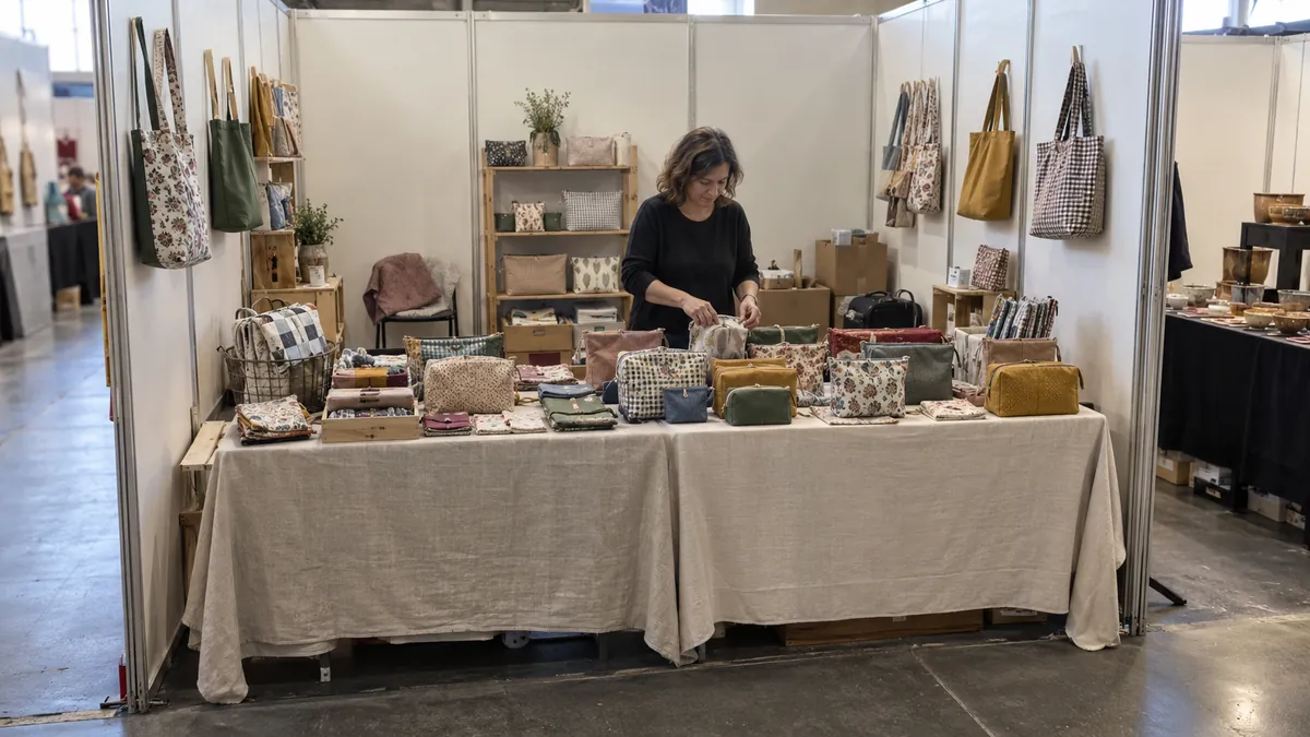 Puesto textil con una mesa de exposición que ocupa todo el frente del stand