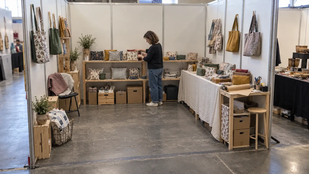 Puesto textil distribuido en forma de L con una esquina abierta al pasillo