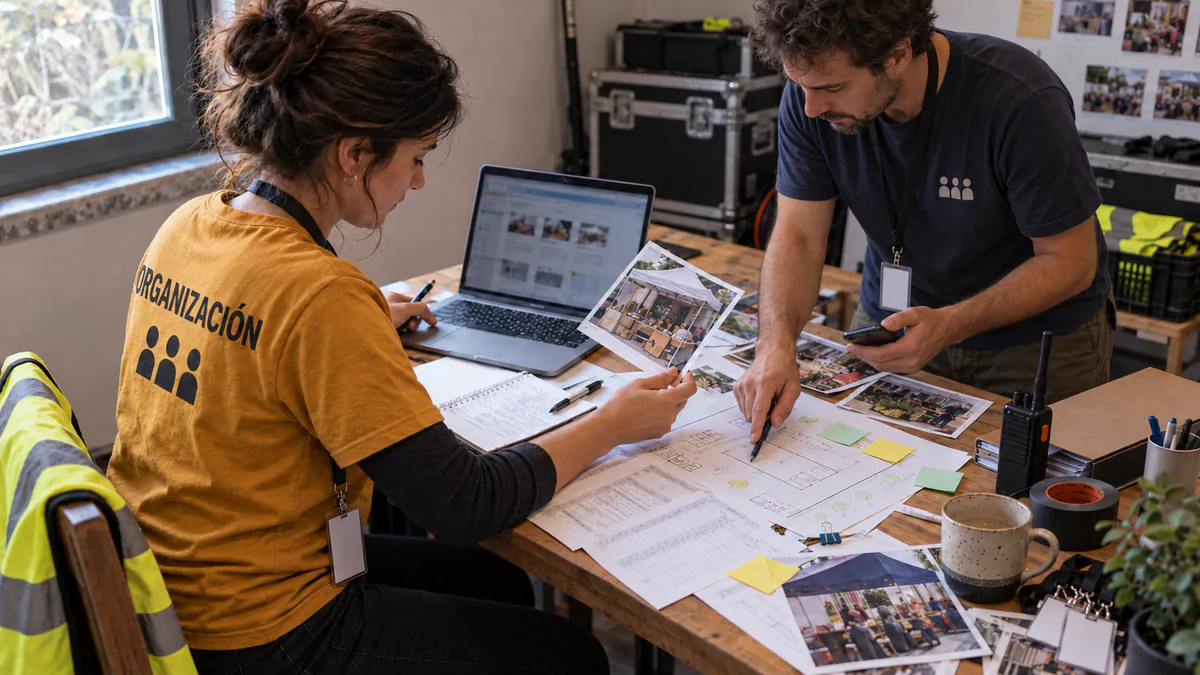 Dos organizadores comparan fotografías de expositores y la distribución del evento sobre una mesa de trabajo
