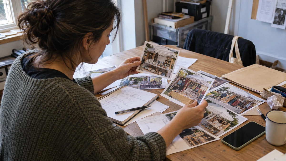 Una organizadora compara fotografías de puestos artesanales y revisa candidaturas sobre una mesa de trabajo.