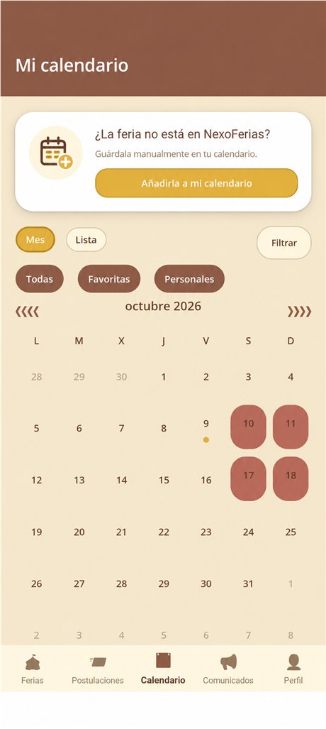 Calendario mensual de NexoFerias con fechas de ferias guardadas