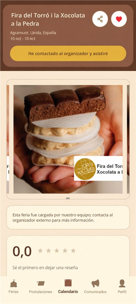 Ficha de una feria en NexoFerias con acciones para compartir, guardar y confirmar asistencia