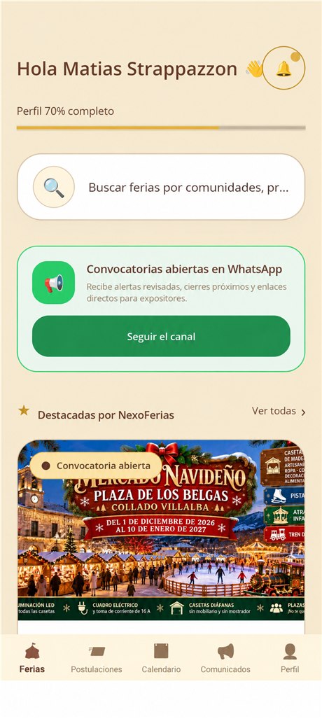 Pantalla de inicio de NexoFerias con buscador y convocatorias destacadas