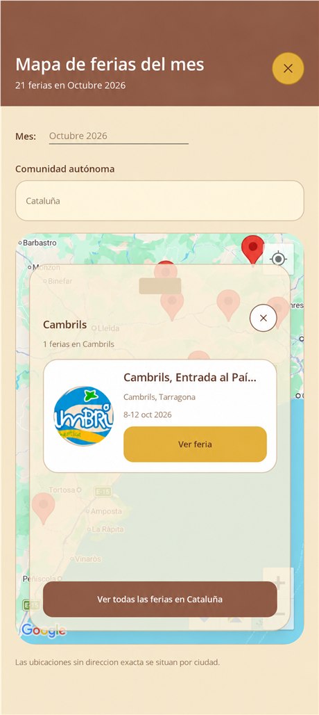 Mapa de ferias de NexoFerias con un evento seleccionado en Cambrils