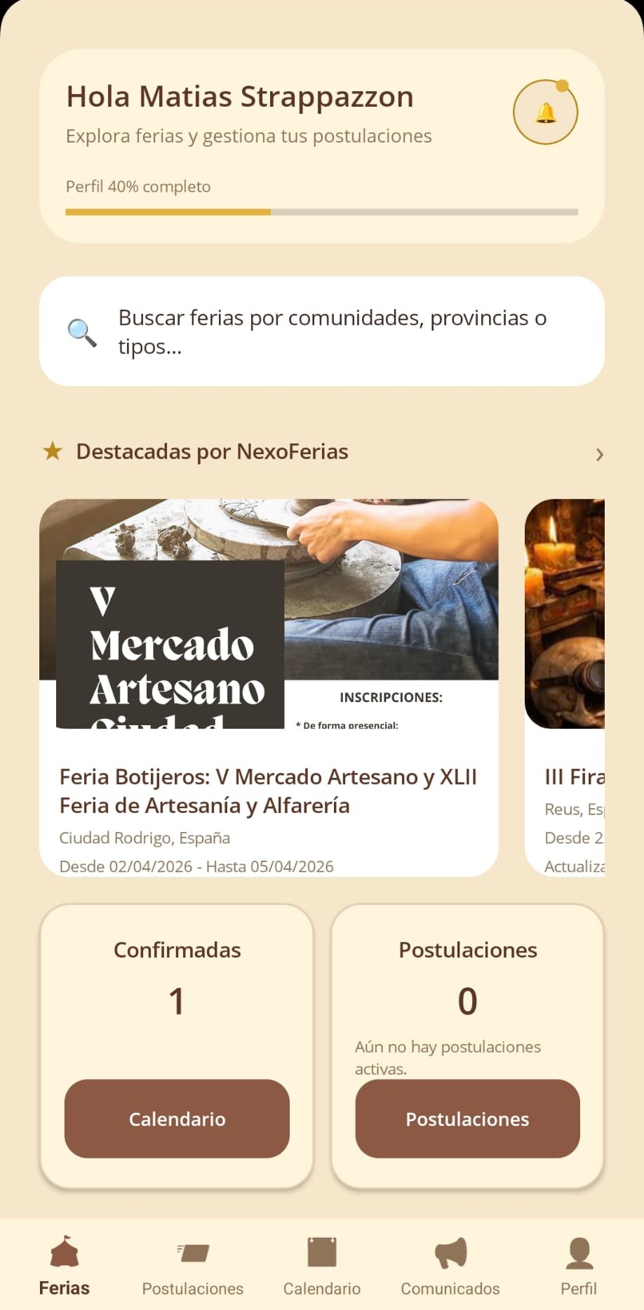Pantalla real de la app movil de NexoFerias para expositores